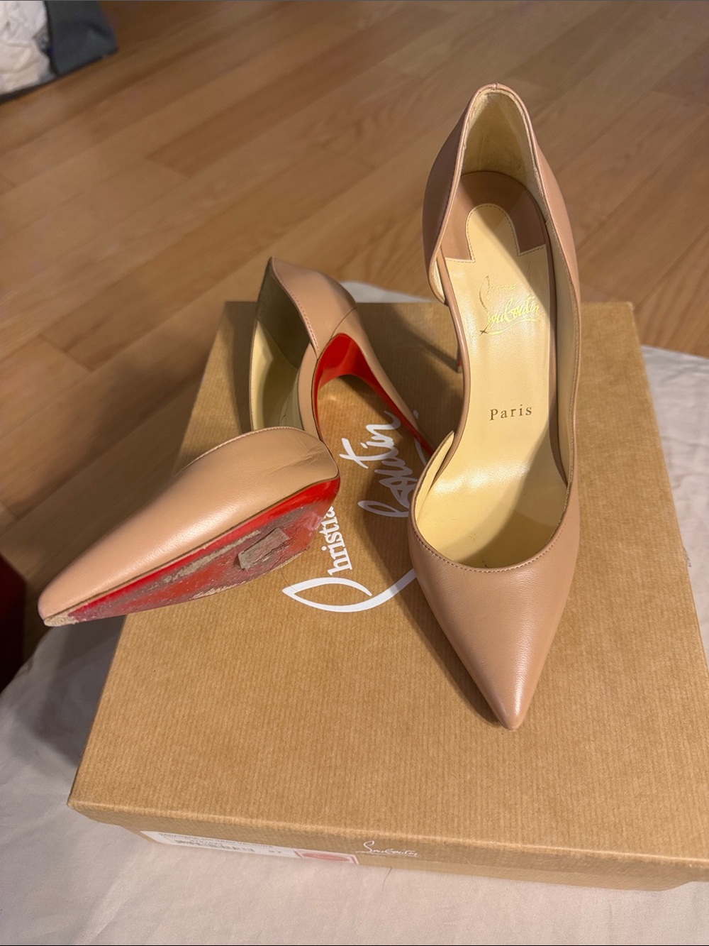 Christian Louboutin Blush Pointed-Toe Leather Pumps with Red Sole